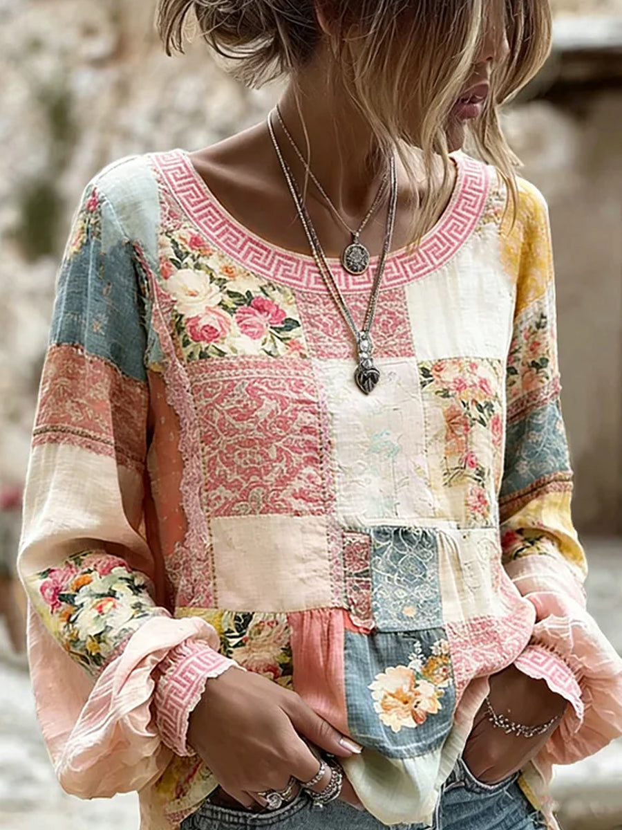 Haut décontracté en coton-lin pour femme, imprimé floral vintage