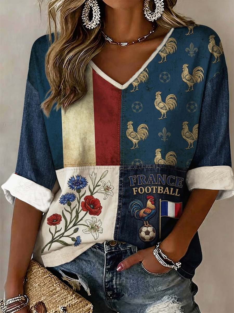 T-shirt France Football pour femmes, manches mi-longues, col en V