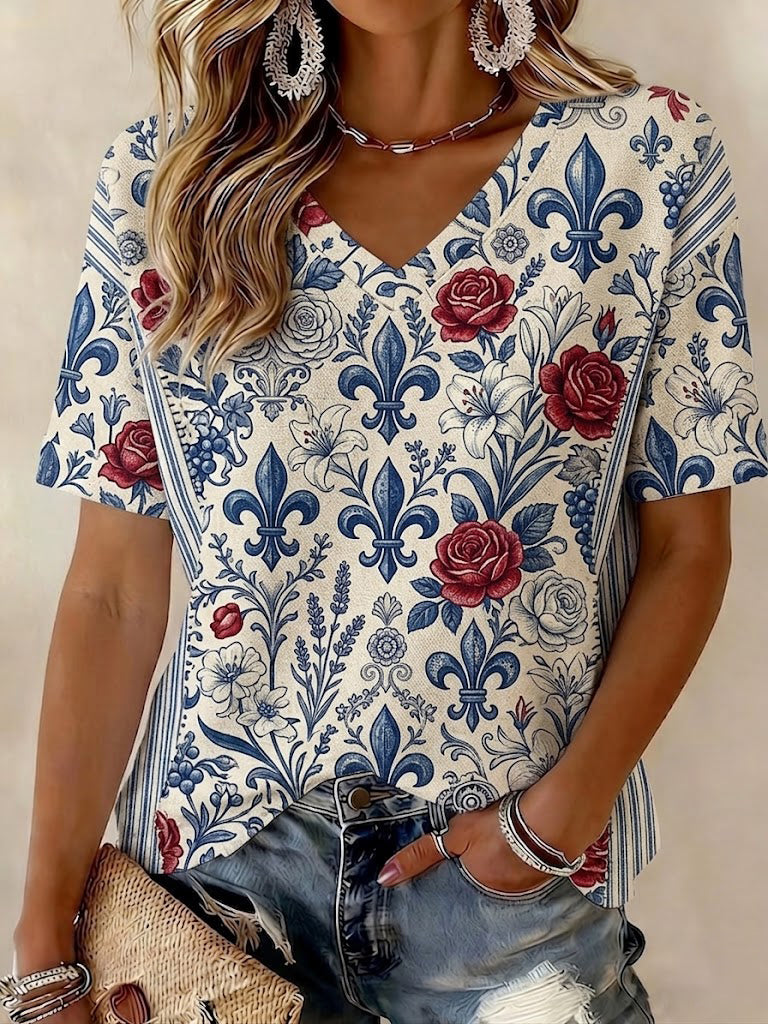 T-shirt femme à col en V, patchwork floral imprimé