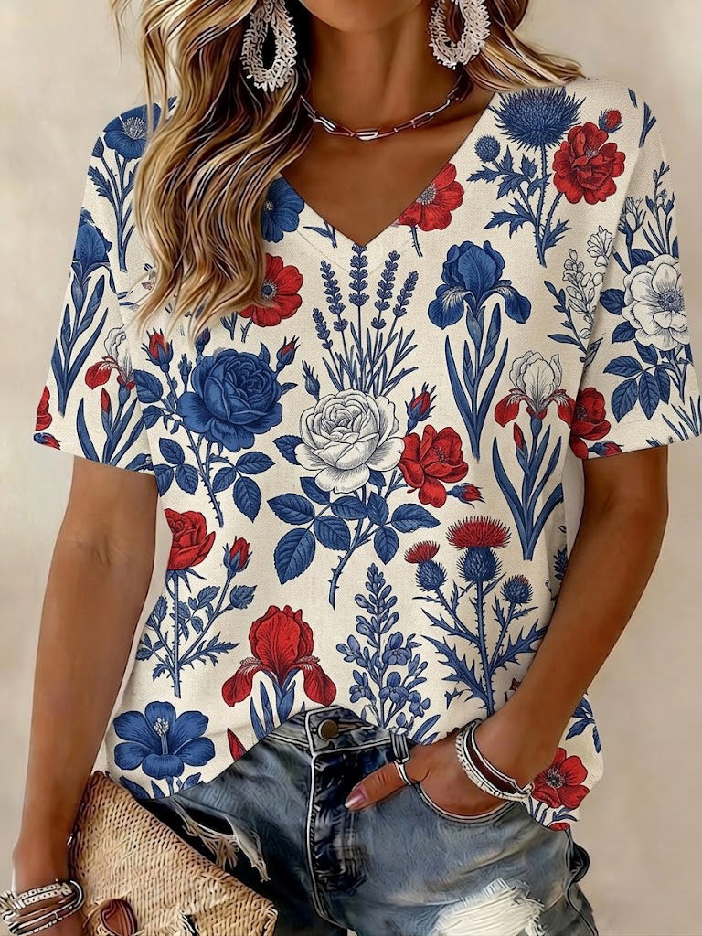 T-shirt à col en V imprimé patchwork floral pour femmes
