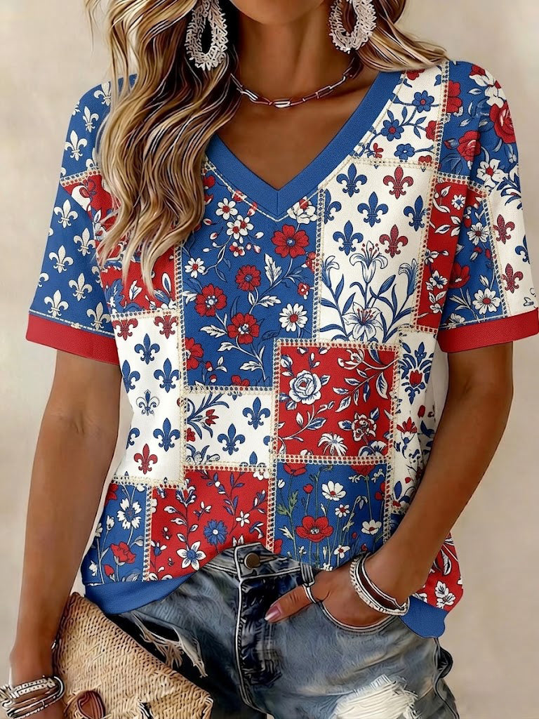 T-shirt femme à col en V, patchwork floral imprimé