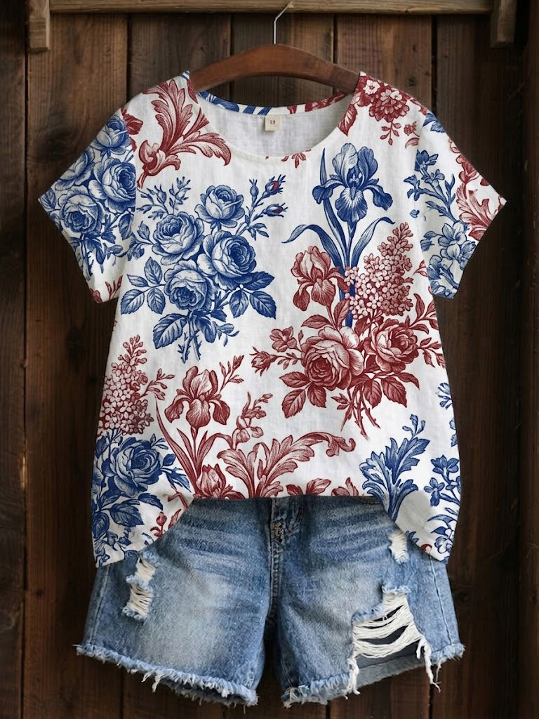 T-shirt imprimé à patchwork floral pour femmes