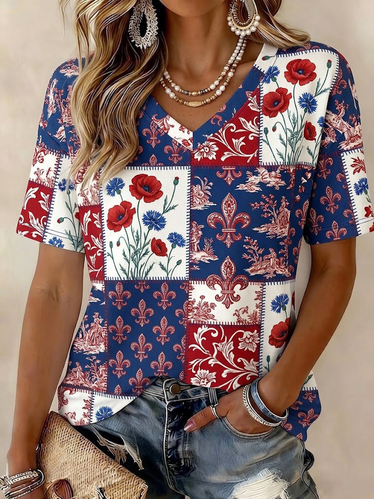 T-shirt femme à col en V, patchwork floral imprimé