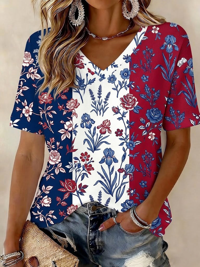 T-shirt femme à col en V, patchwork floral imprimé