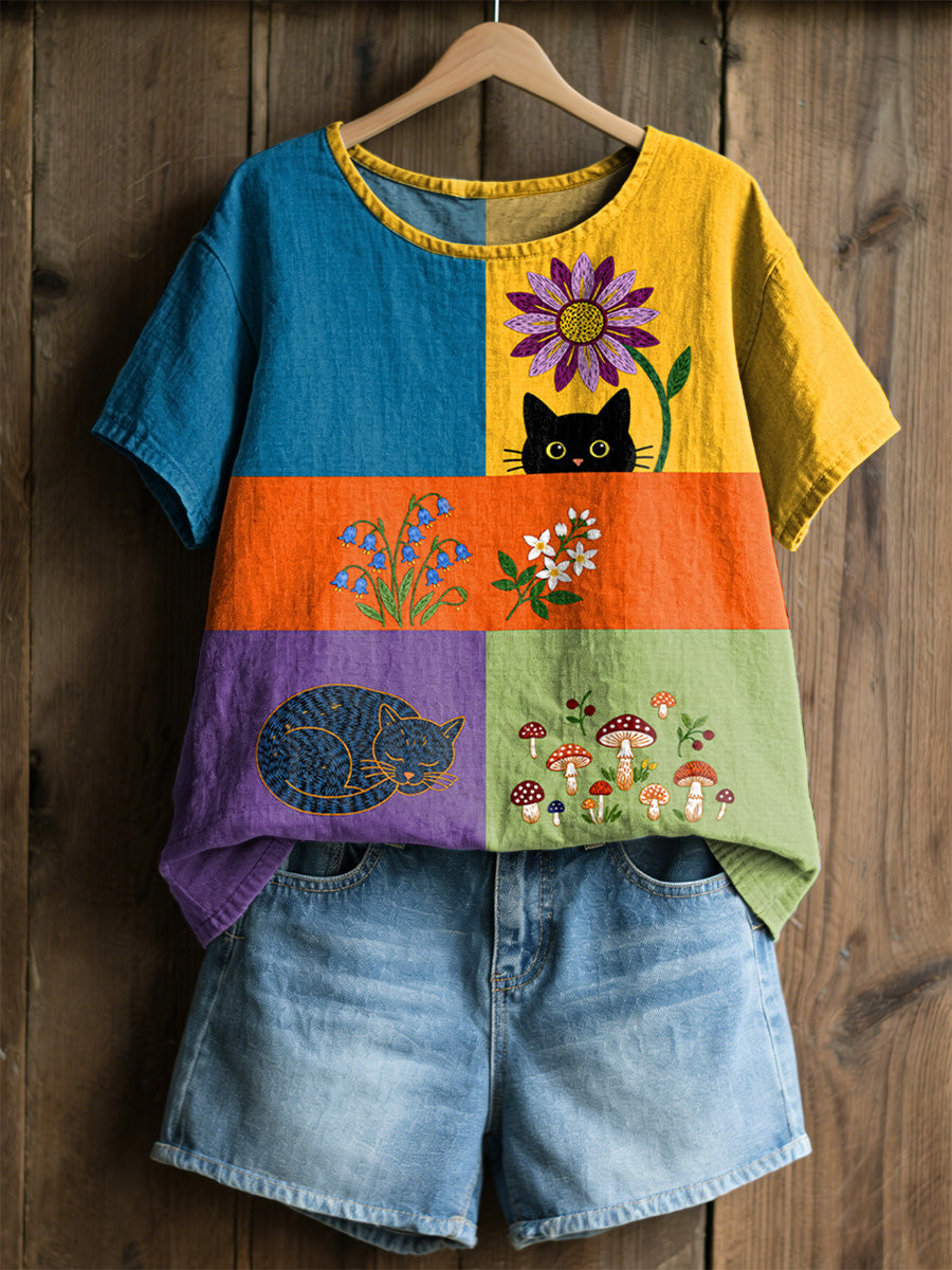 T-shirt décontracté rétro à imprimé fleurs et chats pour femmes