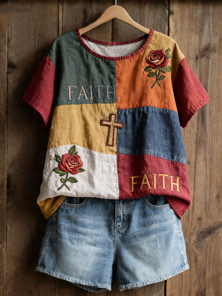 T-shirt décontracté pour femmes à imprimé floral et croix