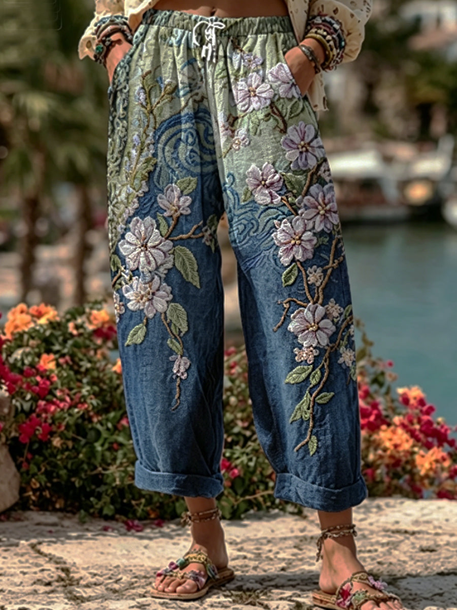 Femmes Classy Gradient Japonais Sakura Fleurs De Cerisier Et Vague De Mer Brodé Motif Lin Pantalon Décontracté