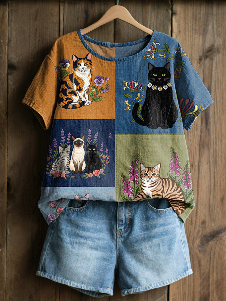T-shirt décontracté rétro à imprimé fleurs et chats pour femmes