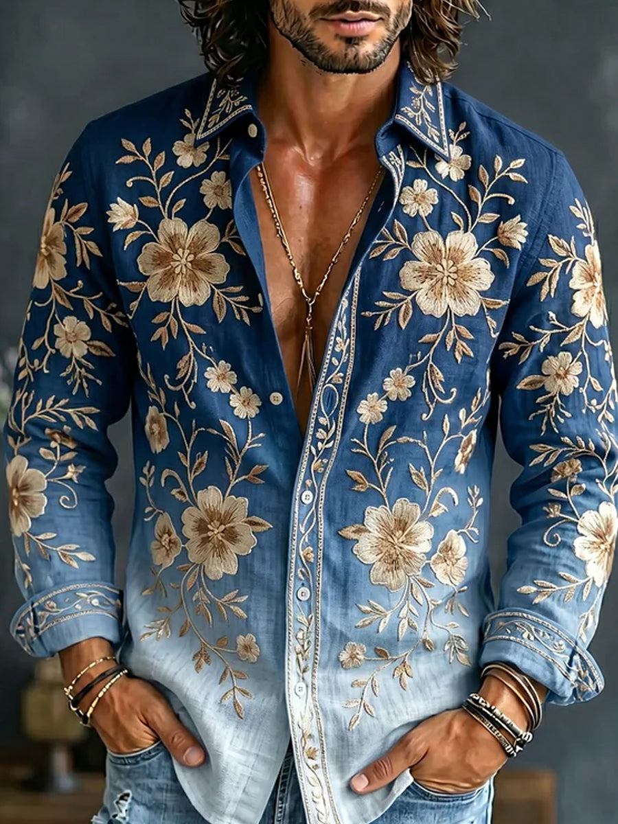 Chemise décontractée en coton-lin avec impression artistique brodée style rétro