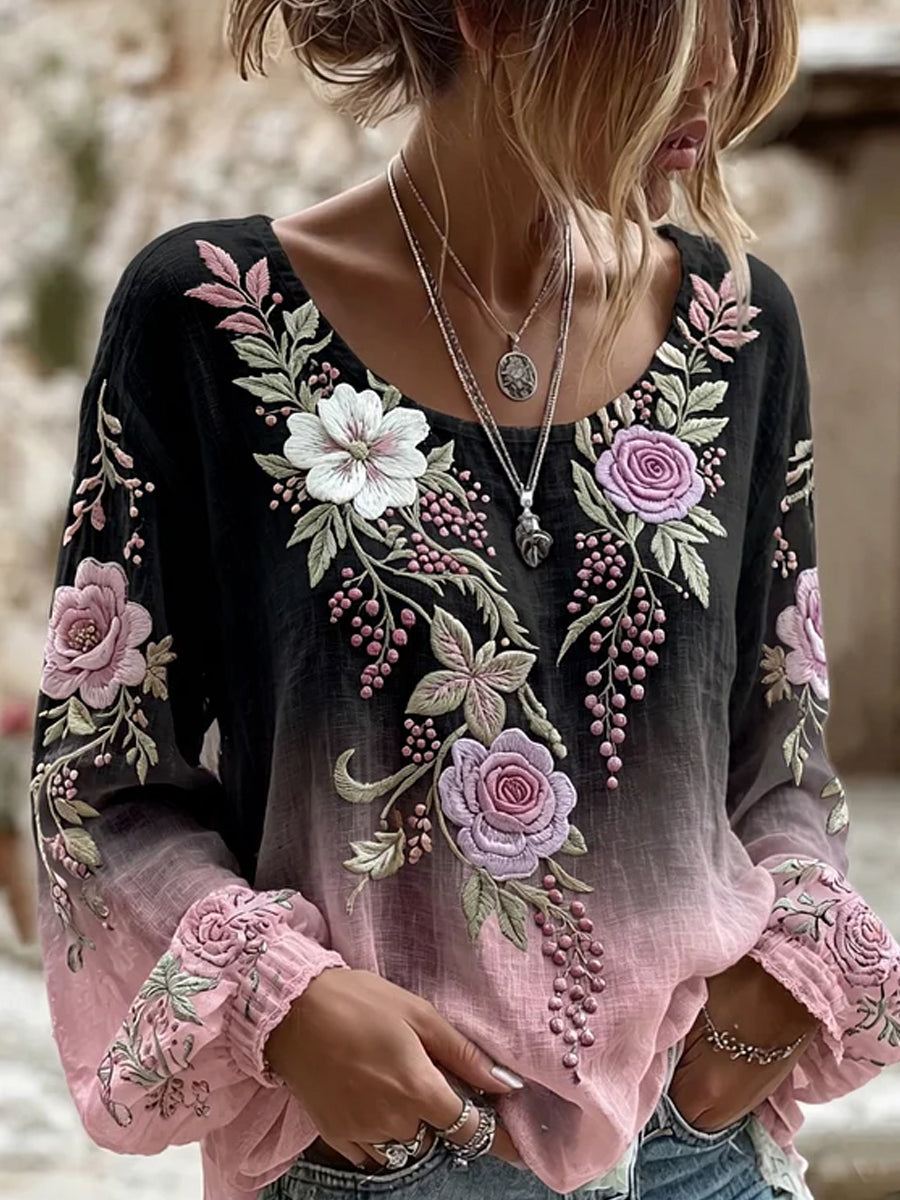 Imprimé d'art floral rétro, haut décontracté en coton-lin