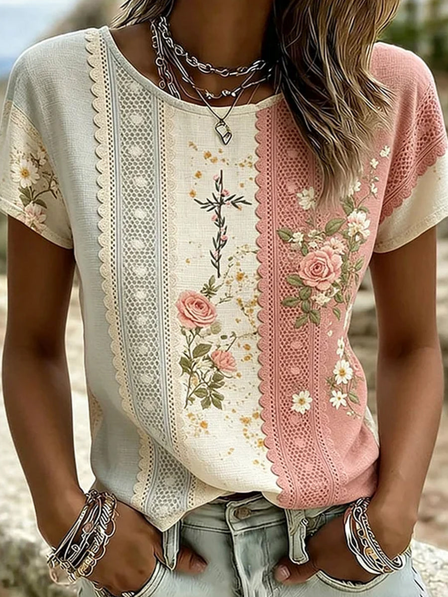 T-shirt décontracté en coton-lin avec impression d'art floral rétro