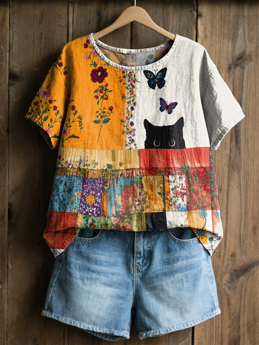 T-shirt décontracté rétro à imprimé fleurs et chats pour femmes