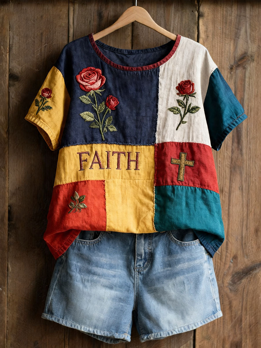 T-shirt décontracté pour femmes à imprimé floral et croix