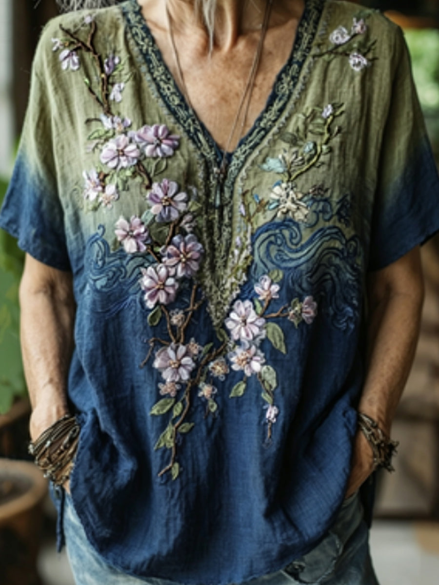 T-shirt à manches courtes en lin à motif brodé de vagues et de fleurs de cerisier japonais Sakura pour femmes