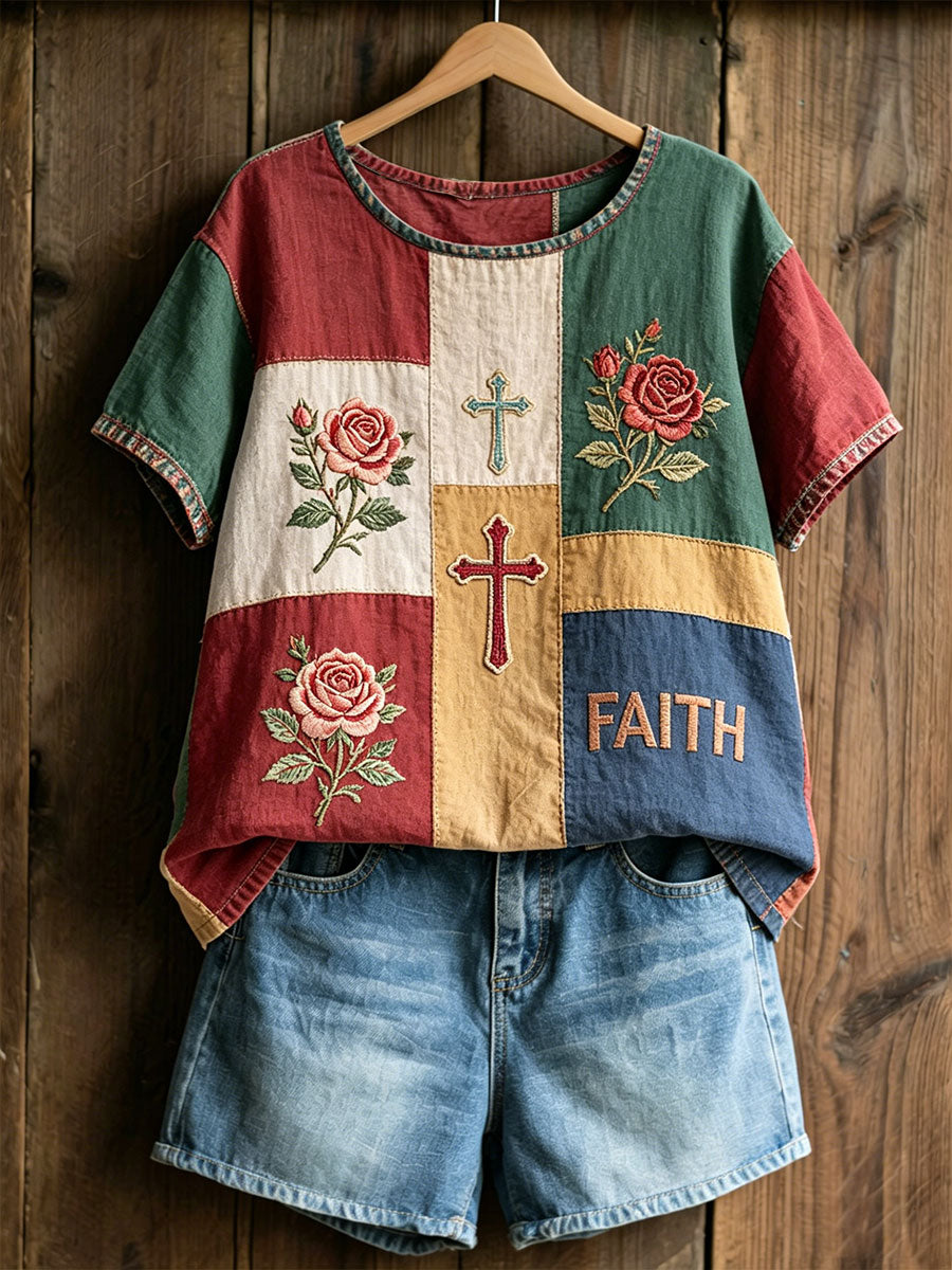 T-shirt décontracté pour femmes à imprimé floral et croix