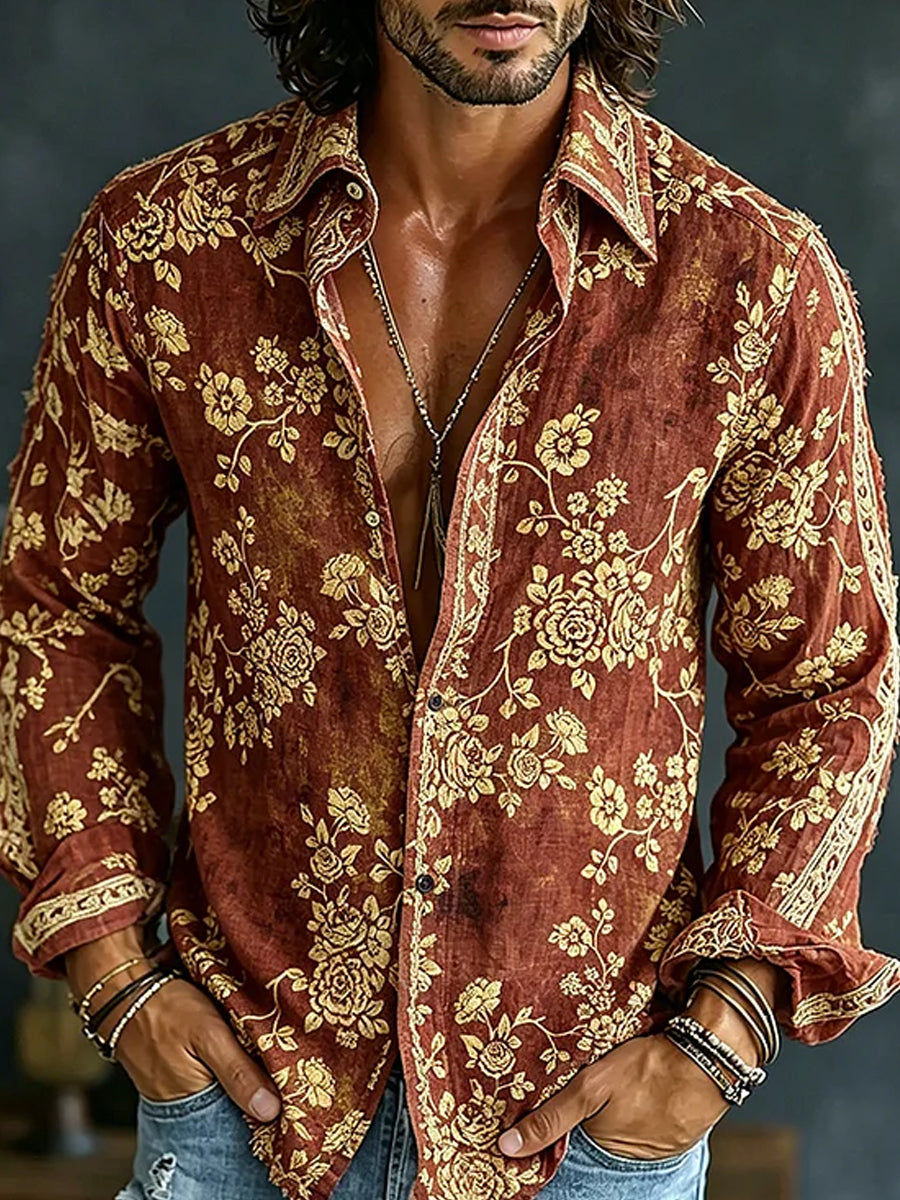 Chemise décontractée en coton-lin avec impression artistique brodée style rétro