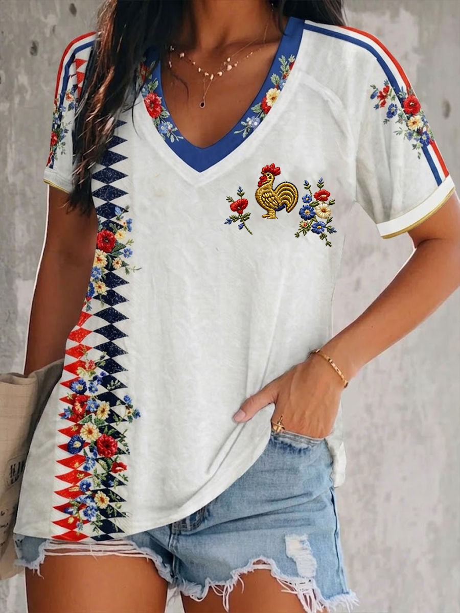 T-shirt à manches courtes et col double couche pour femmes, France