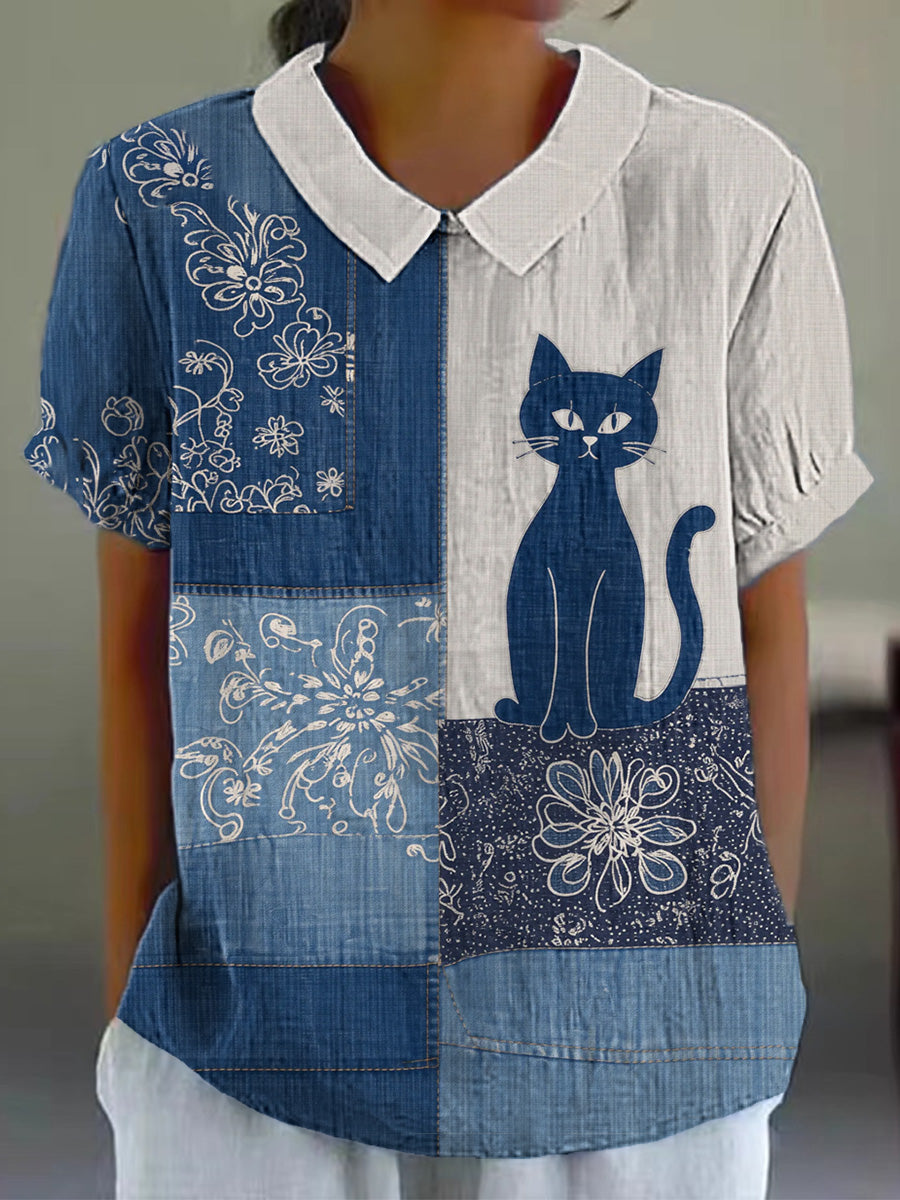Chemise décontractée rétro à imprimé fleurs et chats pour femmes