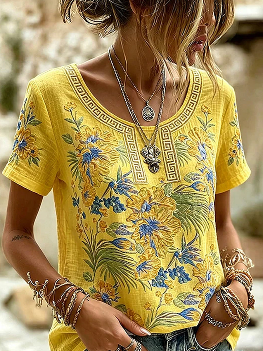 T-shirt décontracté en coton-lin avec impression d'art floral rétro