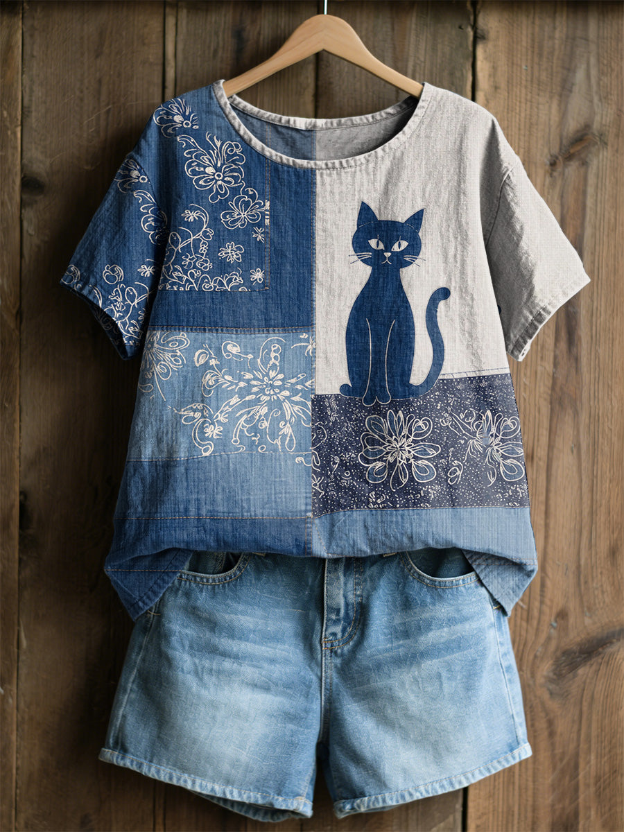 T-shirt décontracté rétro à imprimé fleurs et chats pour femmes