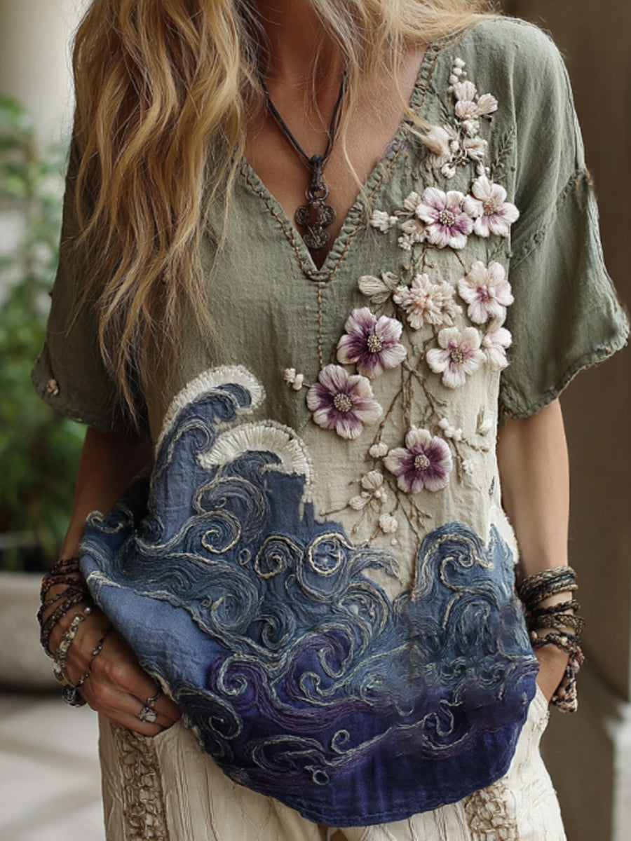 T-shirt en lin à manches courtes pour femme, élégant, dégradé de couleurs, motif brodé de fleurs de cerisier japonaises sakura et de vagues marines
