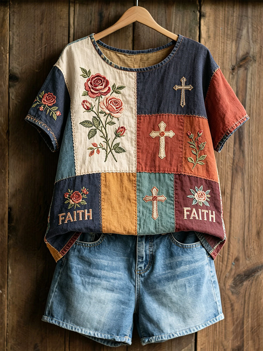 T-shirt décontracté pour femmes à imprimé floral et croix