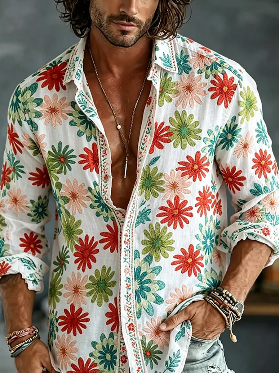 Chemise décontractée en coton-lin avec impression artistique brodée style rétro