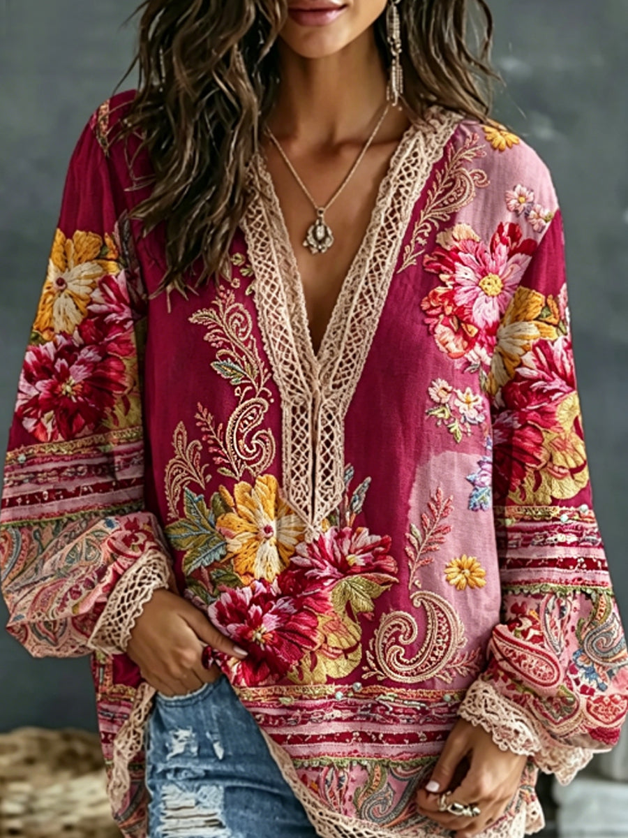 Chemise bohème pour femmes en mélange de lin, à broderie florale, contraste de couleurs, col en V, manches longues