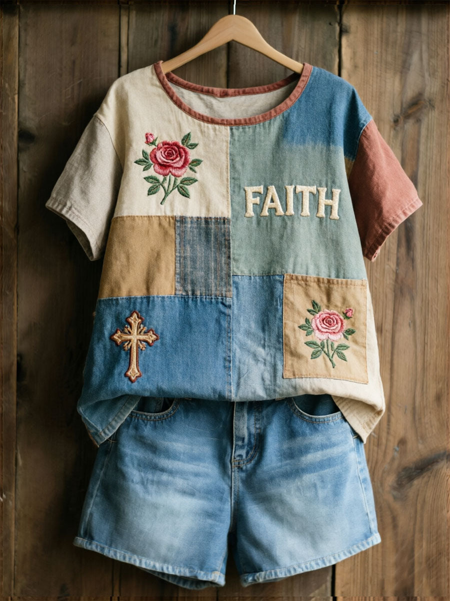 T-shirt décontracté pour femmes à imprimé floral et croix