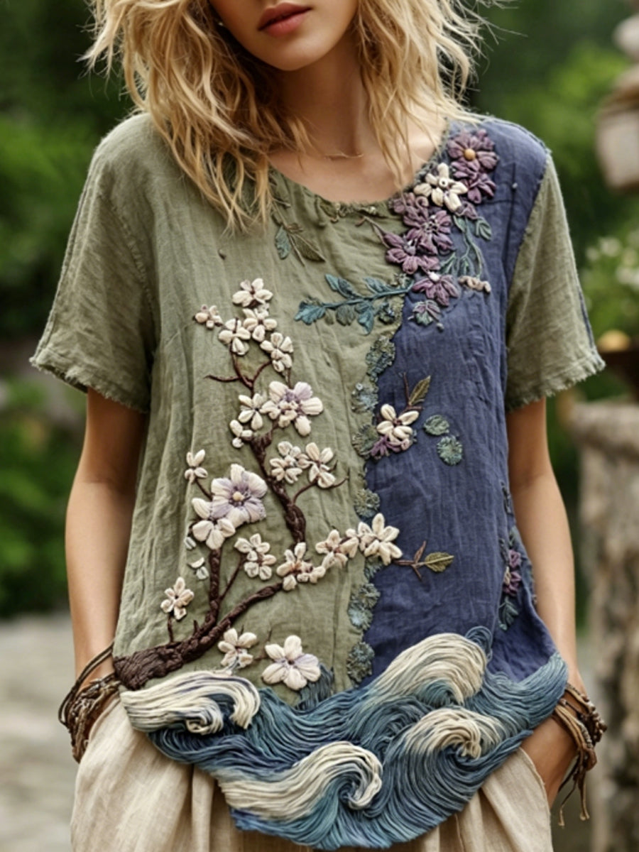 Femmes Classy Gradient Japonais Sakura Fleurs De Cerisier Et Vague De Mer Brodé Motif Lin T-shirt