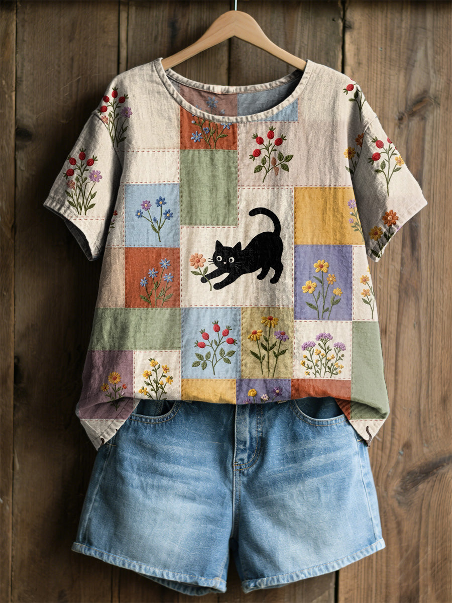 T-shirt décontracté rétro à imprimé fleurs et chats pour femmes