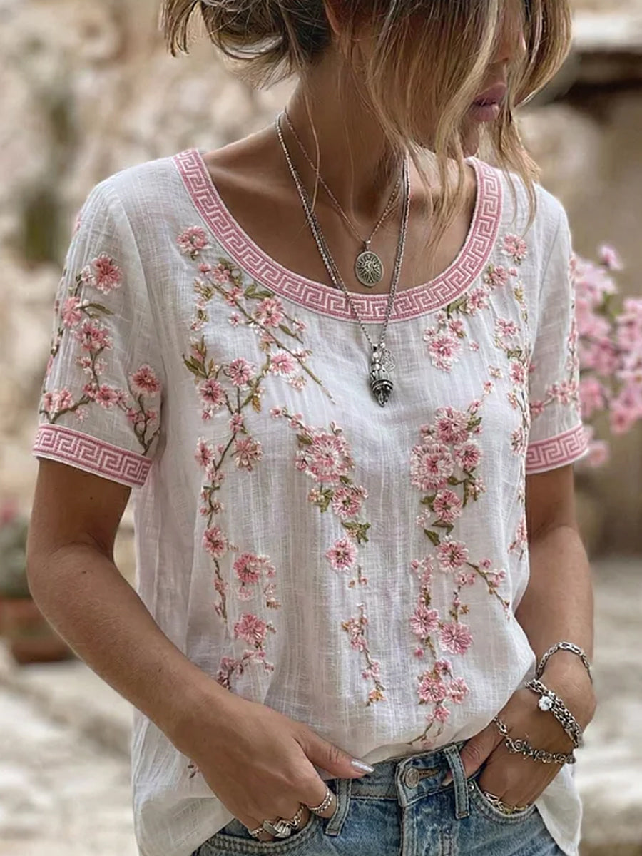 T-shirt décontracté en coton-lin avec impression d'art floral rétro
