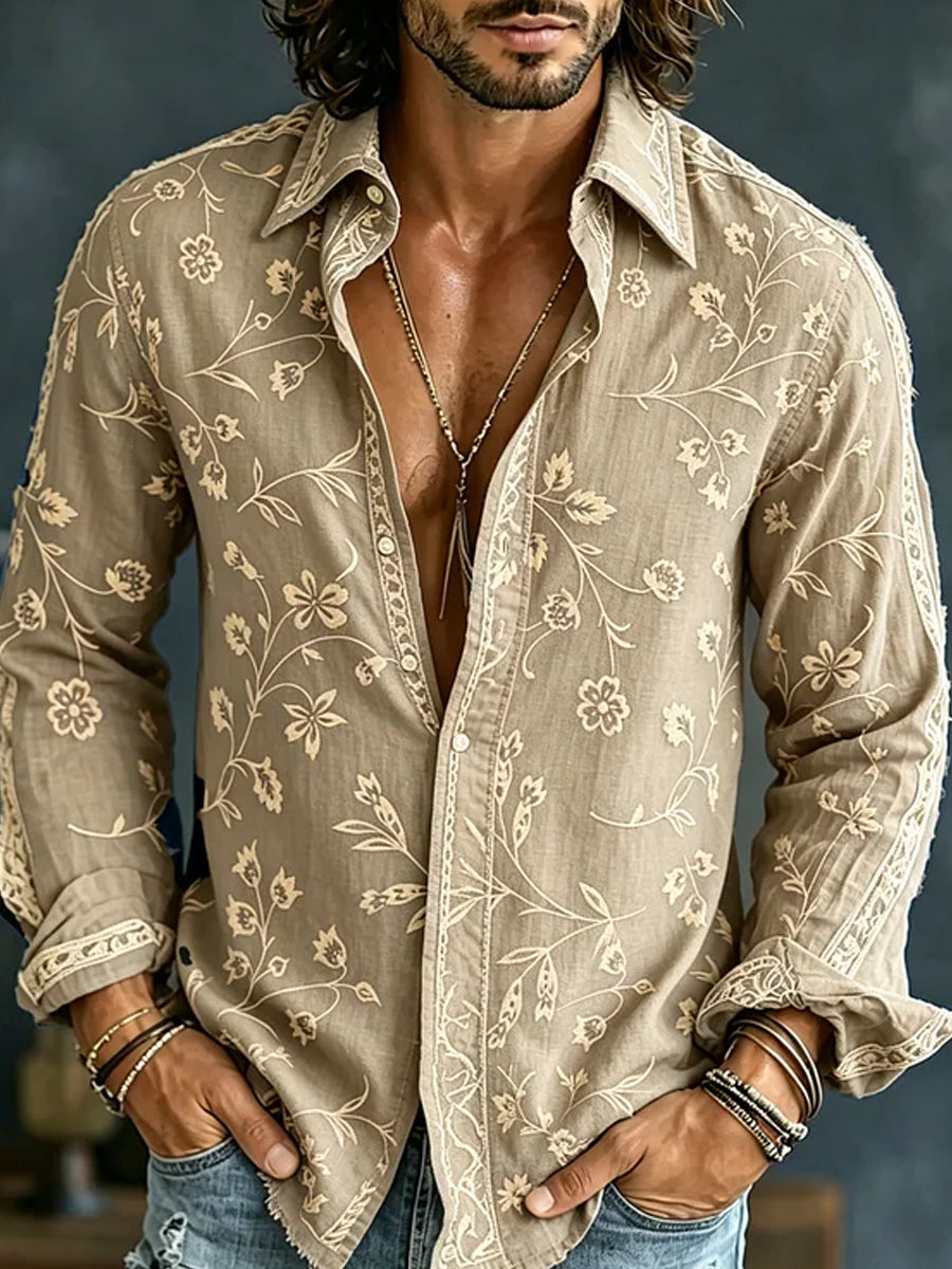 Chemise décontractée en coton-lin avec impression artistique brodée style rétro