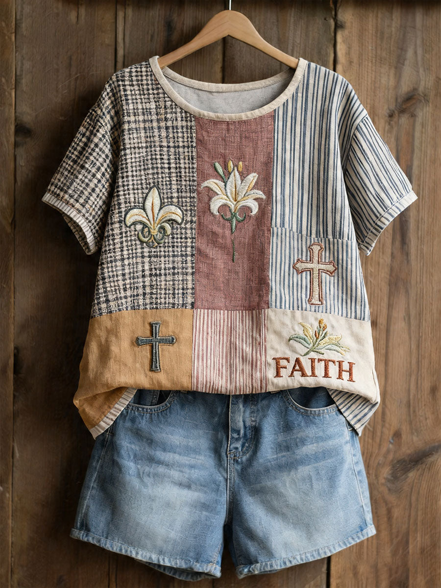 T-shirt décontracté pour femmes à imprimé floral et croix