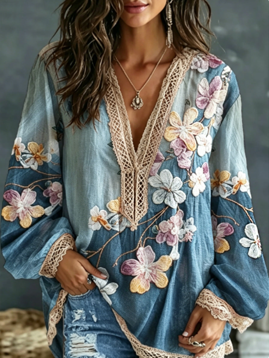 Chemise bohème pour femmes en mélange de lin, à broderie florale, contraste de couleurs, col en V, manches longues