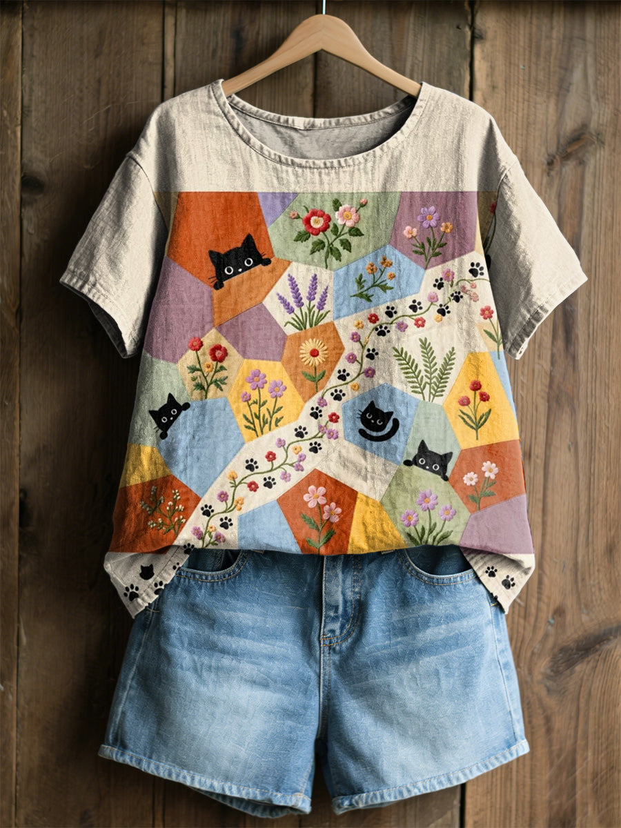 Femmes Rétro Floral Chats Imprimer Casual Tee