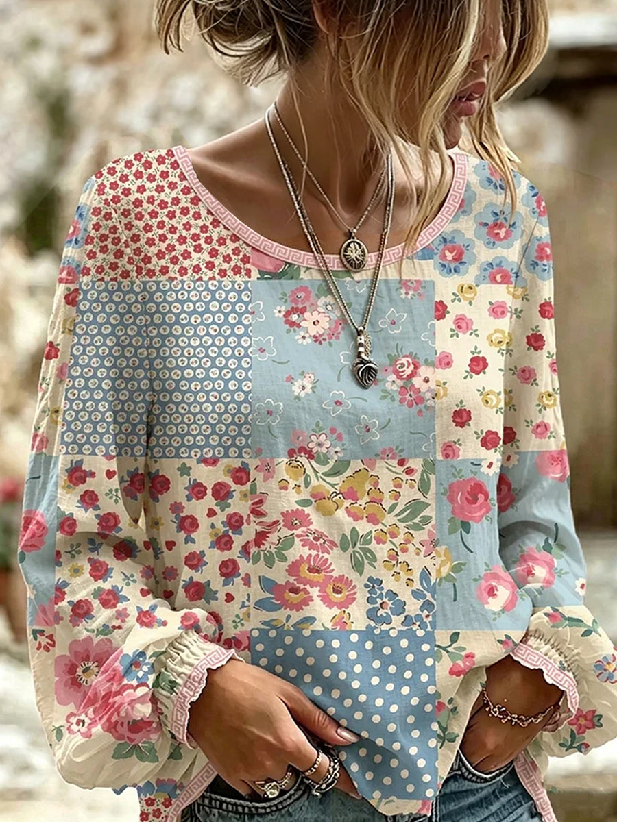 Imprimé d'art floral rétro, haut décontracté en coton-lin
