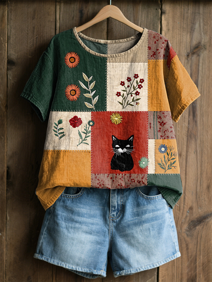 T-shirt décontracté rétro à imprimé fleurs et chats pour femmes
