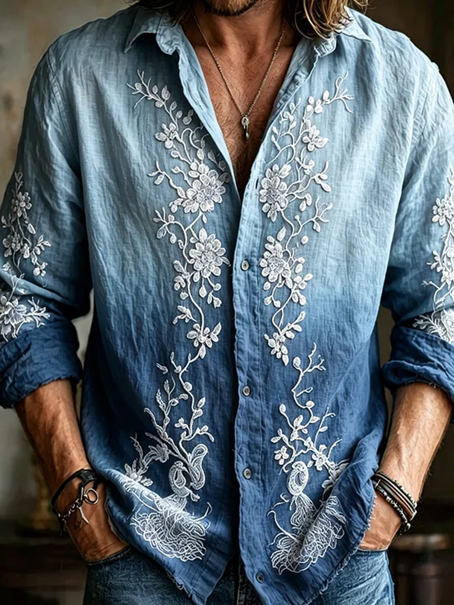 Chemise décontractée en coton-lin avec impression artistique brodée style rétro
