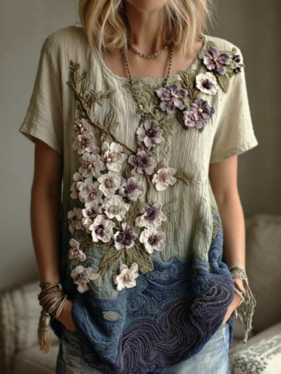 T-shirt en lin pour femme, élégant, dégradé, motif brodé de fleurs de cerisier japonaises sakura et vagues marines