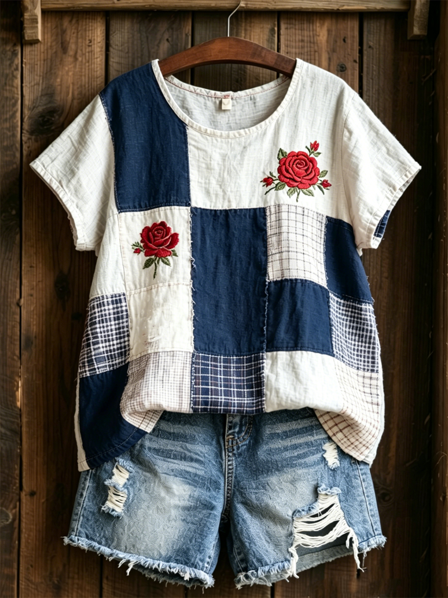 T-shirt pour femme en lin à manches courtes avec imprimé roses