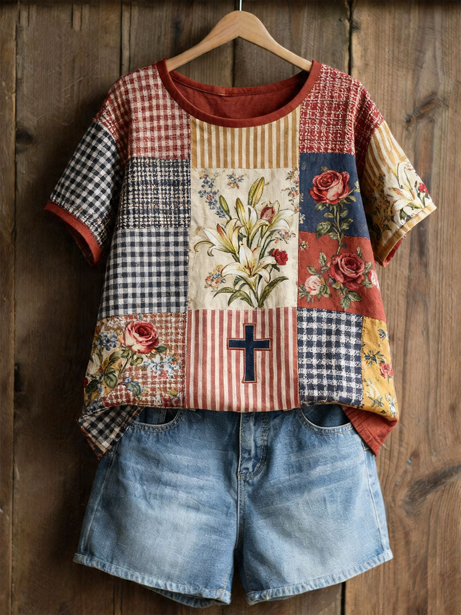 T-shirt décontracté pour femmes à imprimé floral et croix