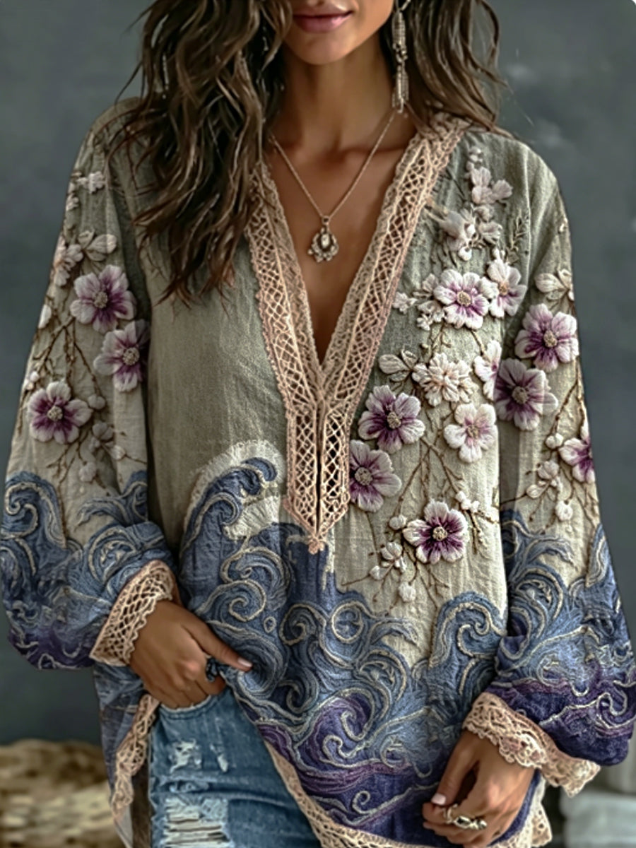 Femmes Classy Gradient Japonais Sakura Fleurs De Cerisier Et Vague De Mer Brodé Motif Lin Col En V À Manches Longues Chemise