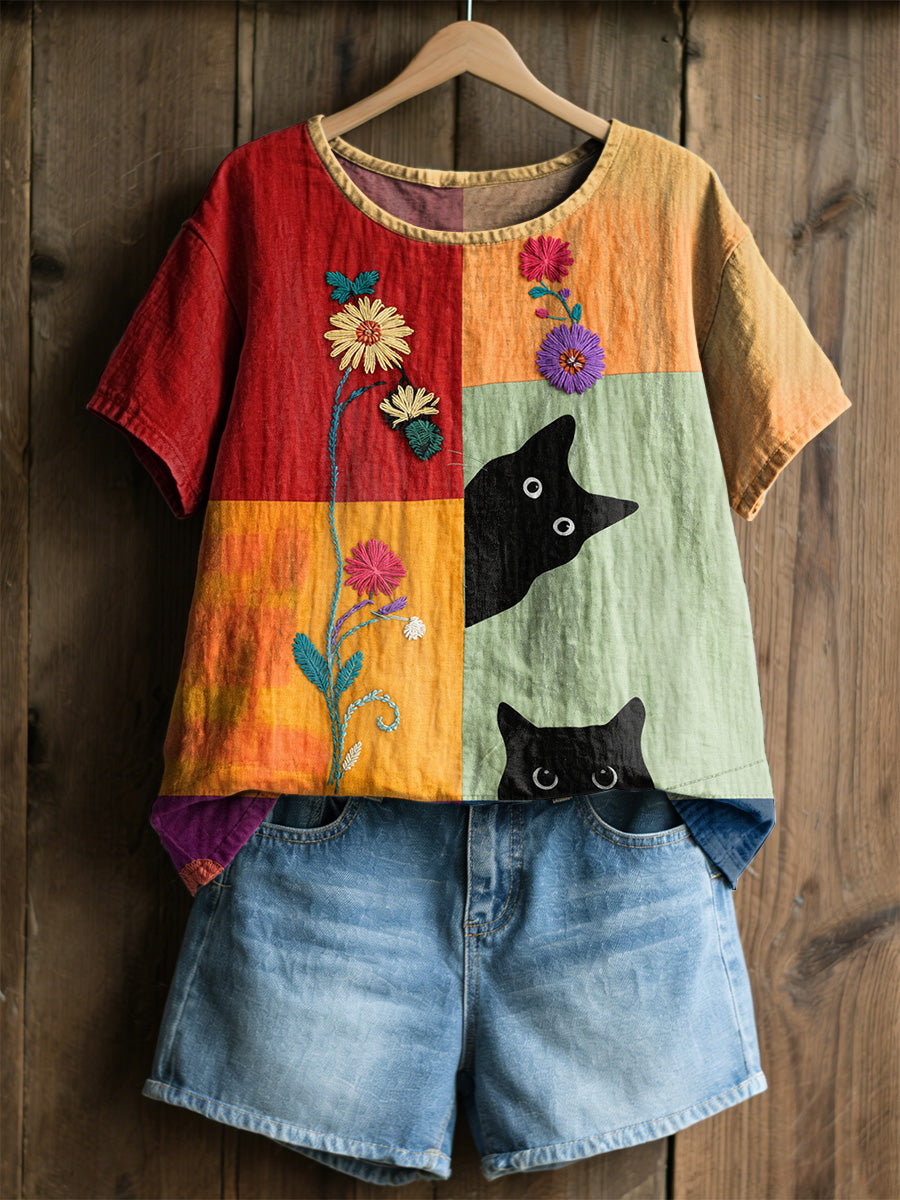 T-shirt décontracté rétro à imprimé fleurs et chats pour femmes