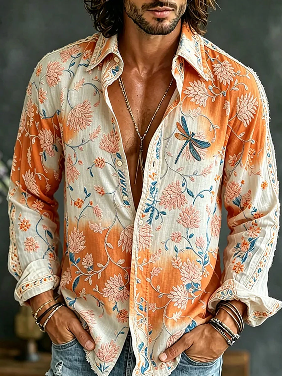 Chemise décontractée en coton-lin avec impression artistique brodée style rétro