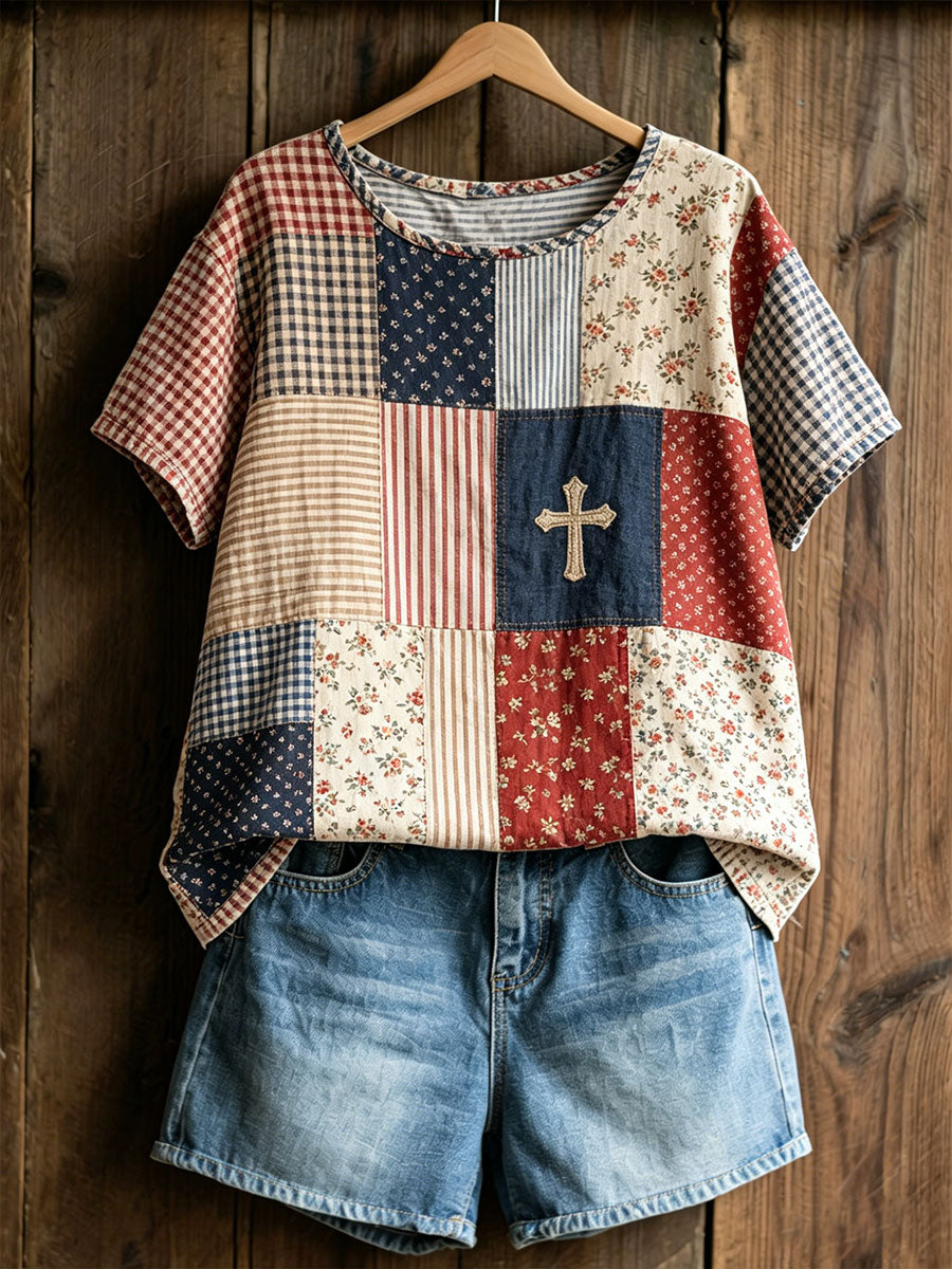 T-shirt décontracté pour femmes à imprimé floral et croix