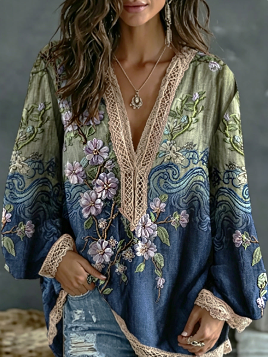 Chemise en lin à manches longues, col en V, motif brodé de dégradé élégant représentant des fleurs de cerisier japonaises sakura et des vagues de la mer, pour femme