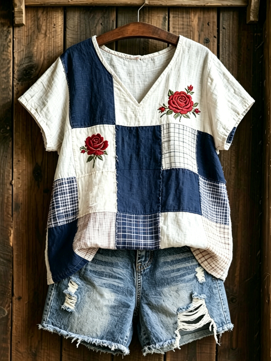 T-shirt femme en lin à manches courtes avec imprimé floral