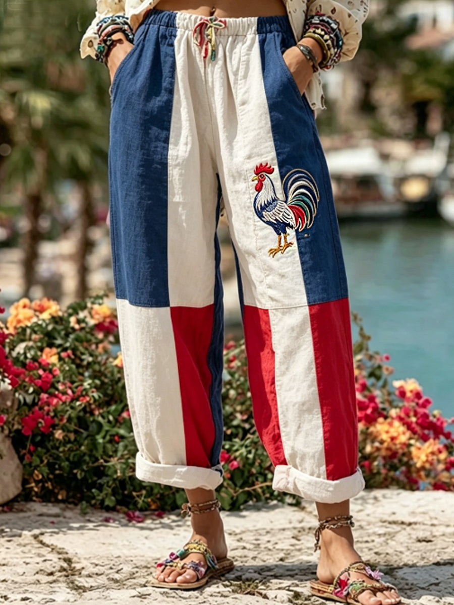 Drapeau français pour femme et broderie de coq gaulois sur le coton et le lin