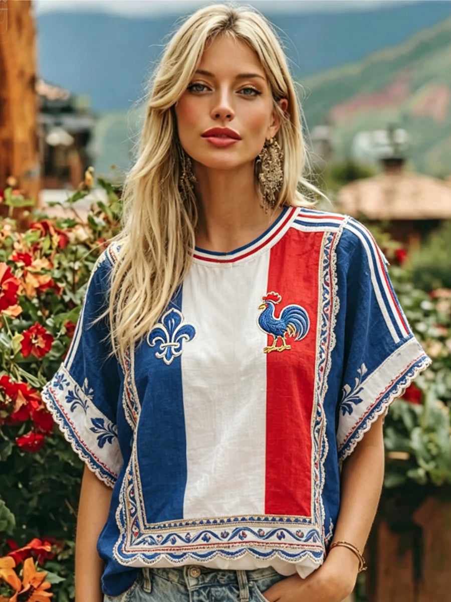 T-shirt en coton et lin orné d'une broderie représentant le drapeau français et le coq gaulois